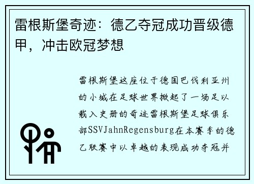 雷根斯堡奇迹：德乙夺冠成功晋级德甲，冲击欧冠梦想